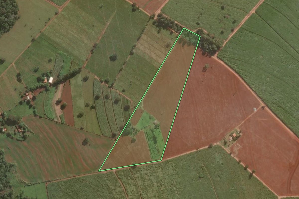Imagem de satélite do imóvel rural em Cerqueira César (SP), com o contorno declarado no CAR desenhado por cima.