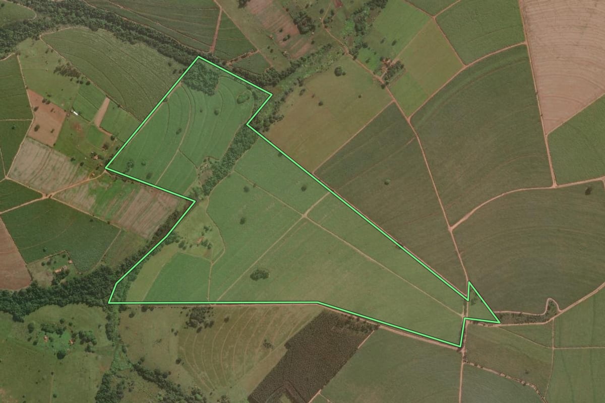 Imagem de satélite do imóvel rural em Cerqueira César (SP), com o contorno declarado no CAR desenhado por cima.