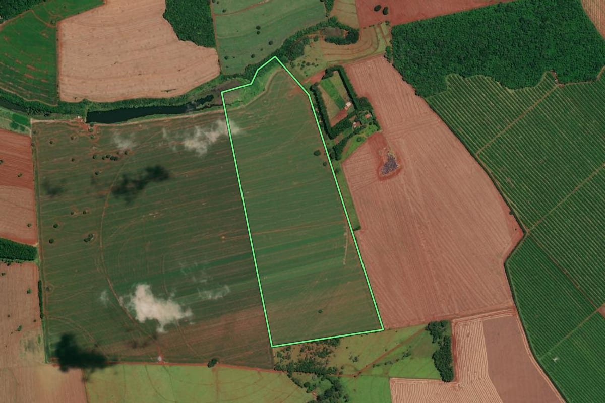 Imagem de satélite do imóvel rural em Cerqueira César (SP), com o contorno declarado no CAR desenhado por cima.