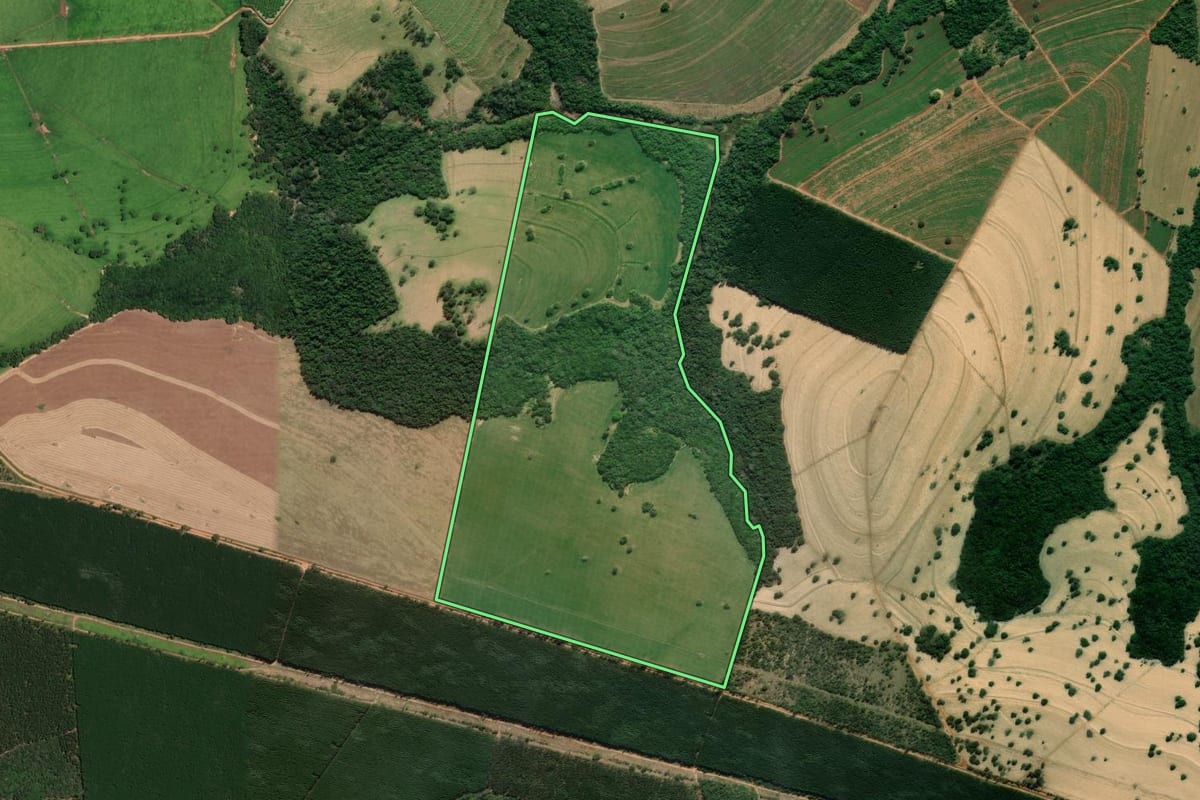 Imagem de satélite do imóvel rural em Cerqueira César (SP), com o contorno declarado no CAR desenhado por cima.