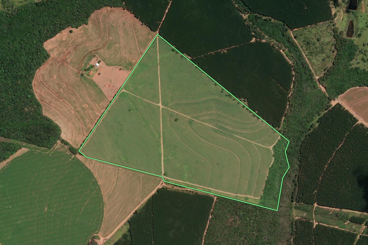 Imagem de satélite do imóvel rural em Cerqueira César (SP), com o contorno declarado no CAR desenhado por cima.