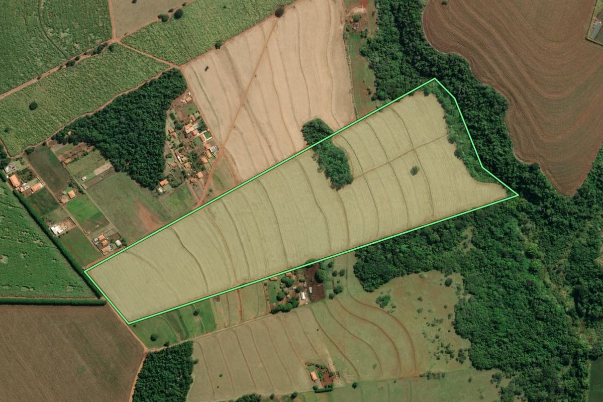 Imagem de satélite do imóvel rural em Cerqueira César (SP), com o contorno declarado no CAR desenhado por cima.