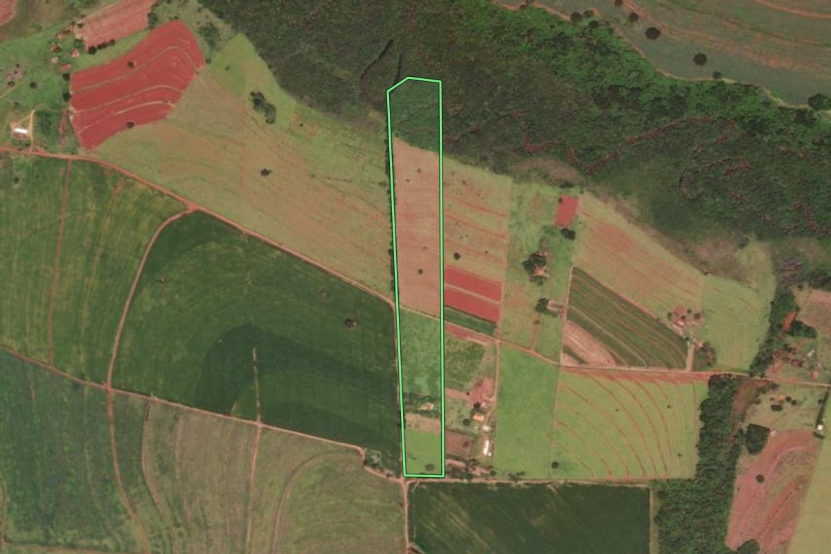 Imagem de satélite do imóvel rural em Cerqueira César (SP), com o contorno declarado no CAR desenhado por cima.