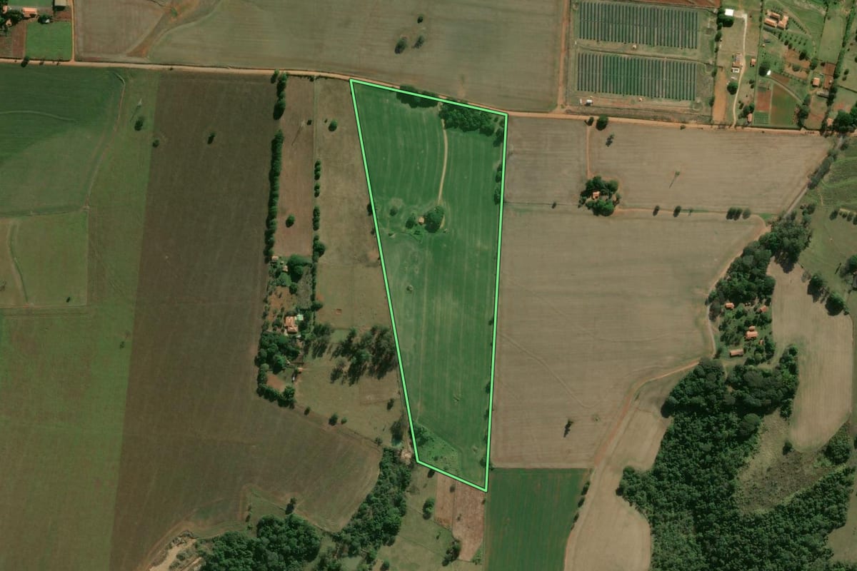 Imagem de satélite do imóvel rural em Cesário Lange (SP), com o contorno declarado no CAR desenhado por cima.
