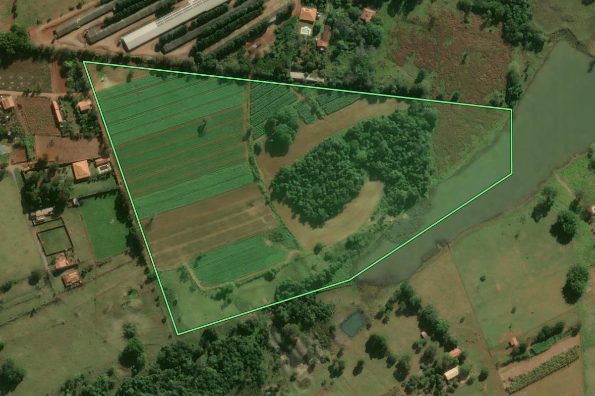 Imagem de satélite do imóvel rural em Cesário Lange (SP), com o contorno declarado no CAR desenhado por cima.