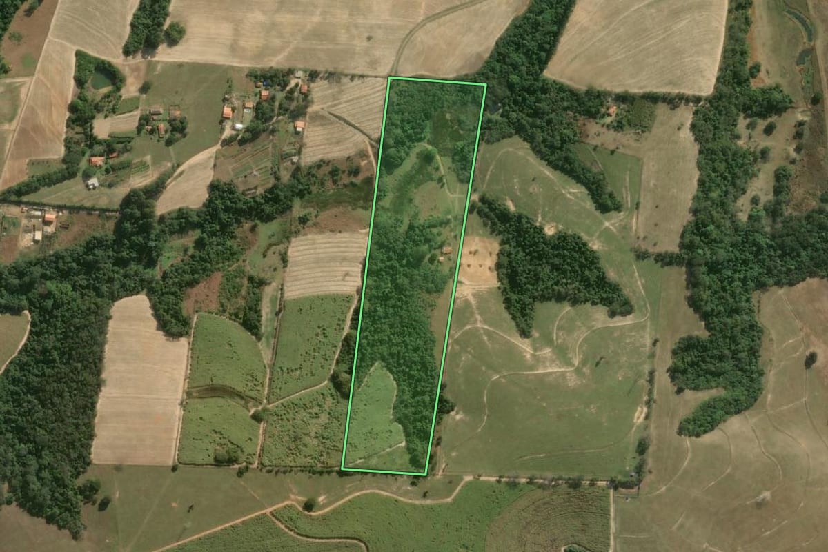 Imagem de satélite do imóvel rural em Cesário Lange (SP), com o contorno declarado no CAR desenhado por cima.