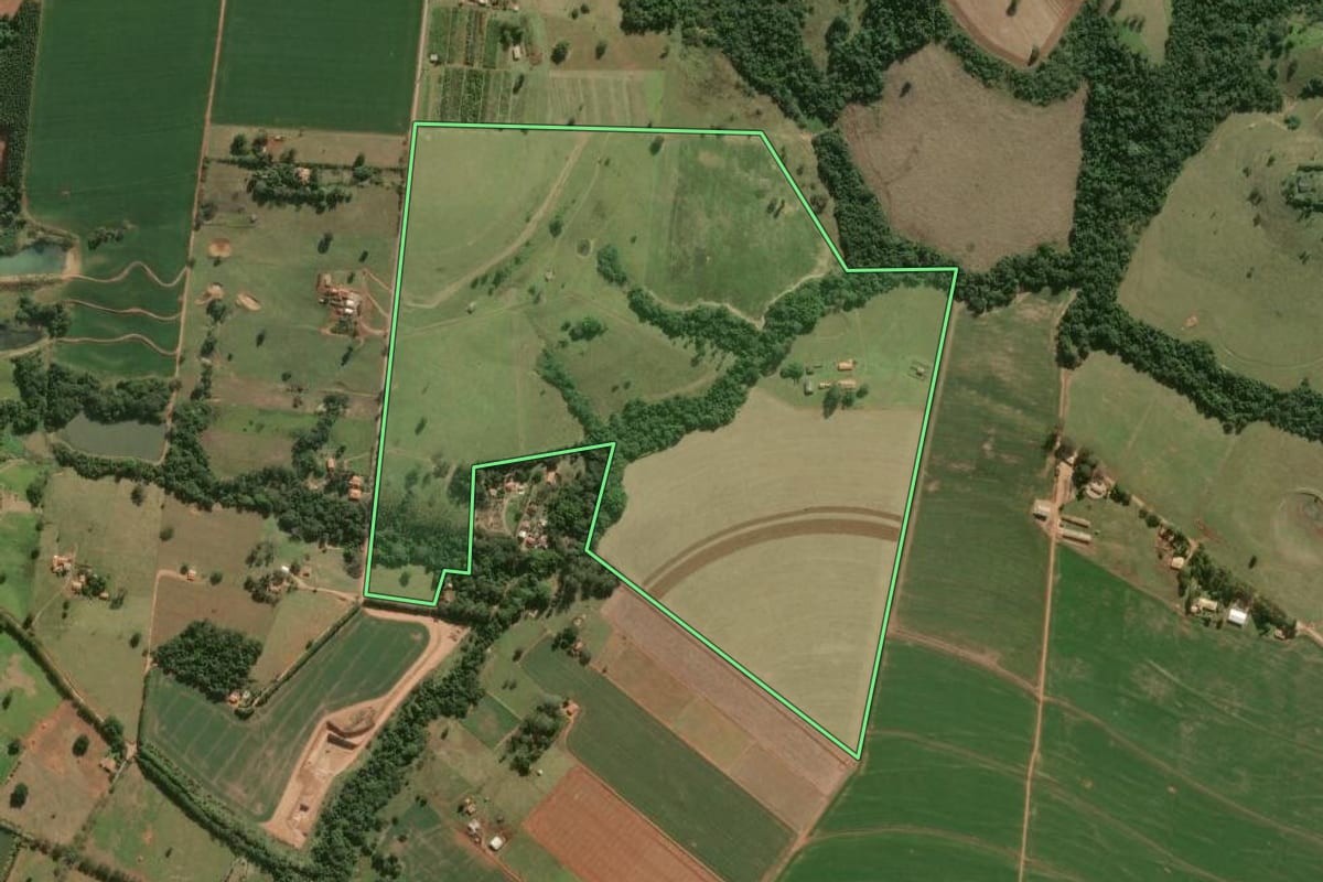 Imagem de satélite do imóvel rural em Cesário Lange (SP), com o contorno declarado no CAR desenhado por cima.