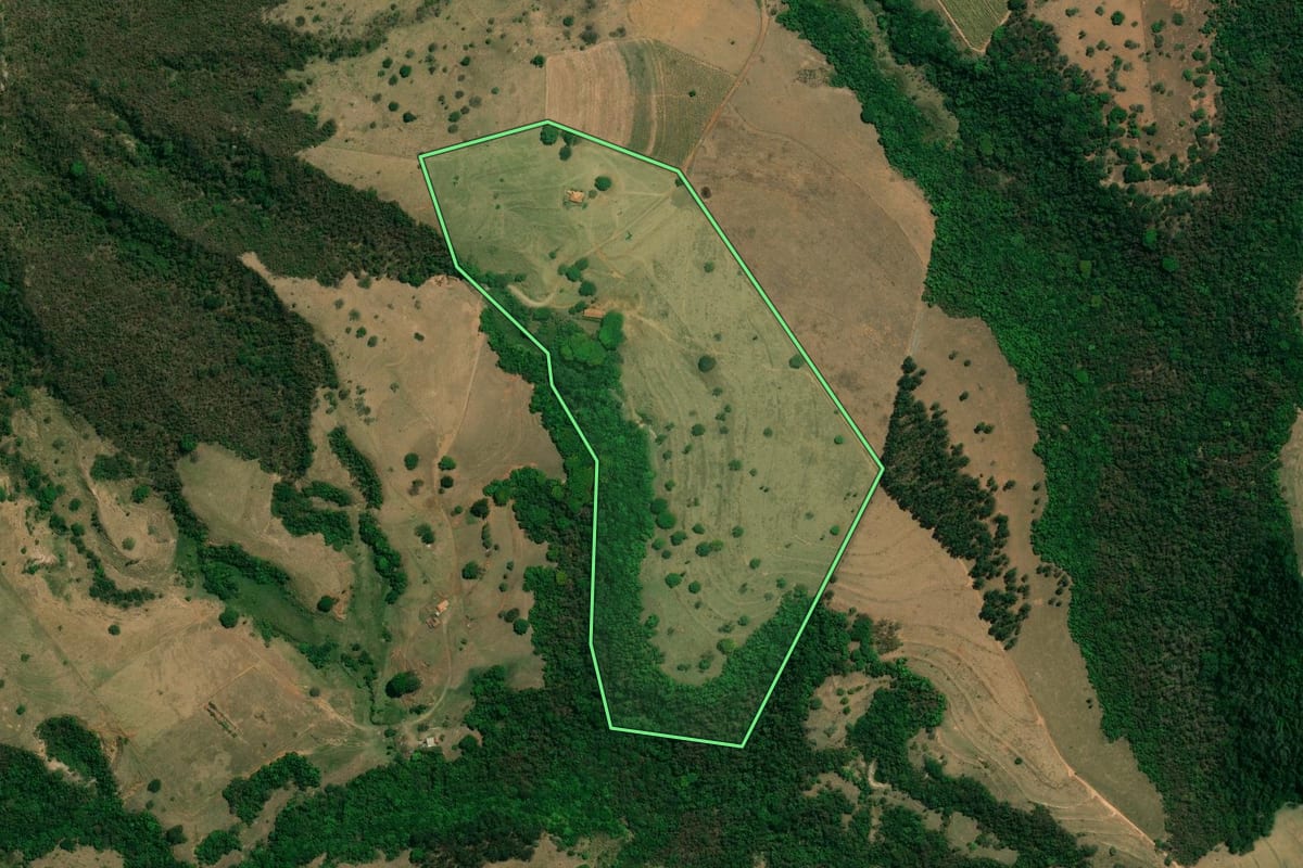 Imagem de satélite do imóvel rural em Charqueada (SP), com o contorno declarado no CAR desenhado por cima.