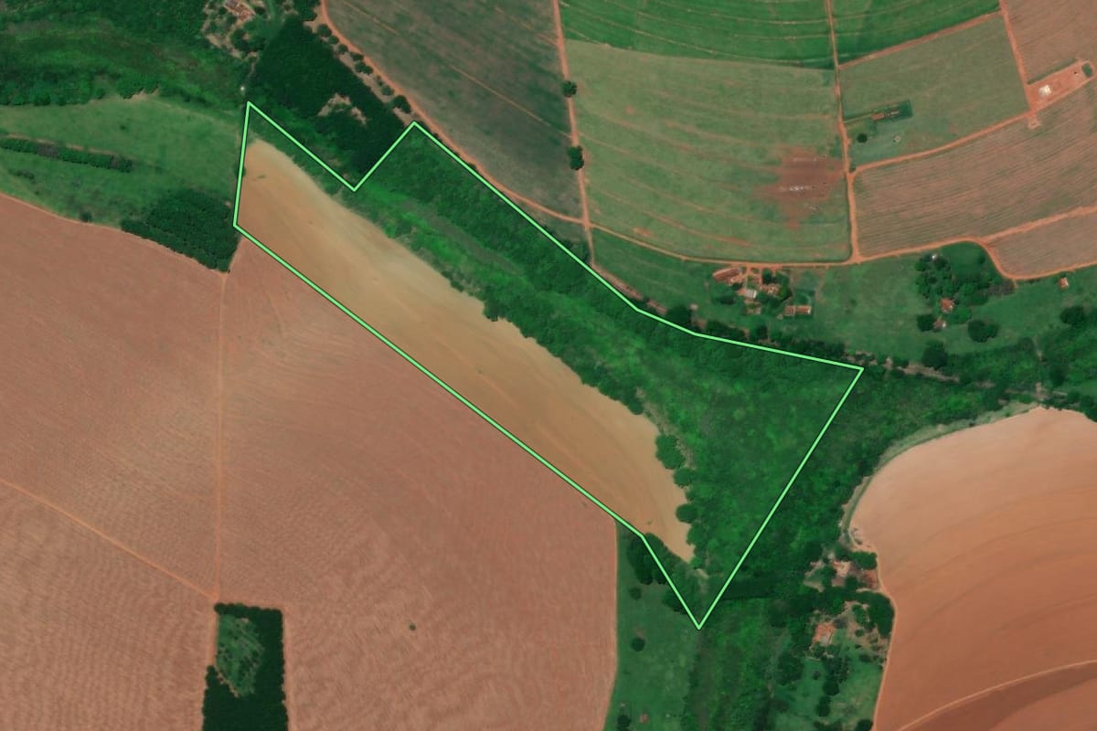 Imagem de satélite do imóvel rural em Colina (SP), com o contorno declarado no CAR desenhado por cima.