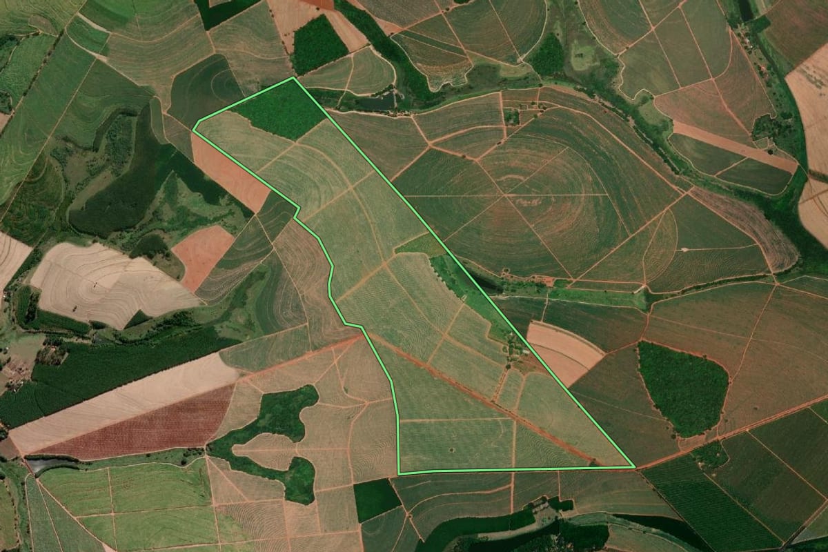 Imagem de satélite do imóvel rural em Colina (SP), com o contorno declarado no CAR desenhado por cima.