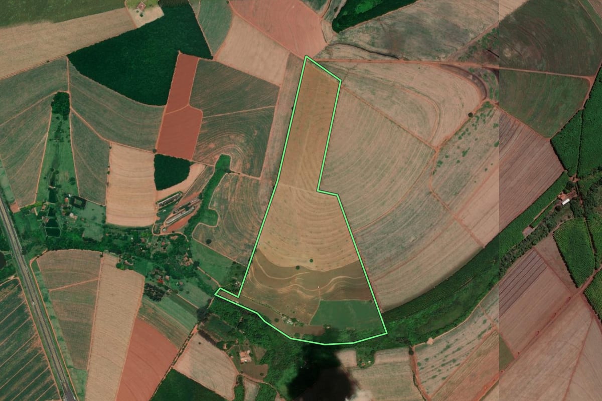 Imagem de satélite do imóvel rural em Colina (SP), com o contorno declarado no CAR desenhado por cima.