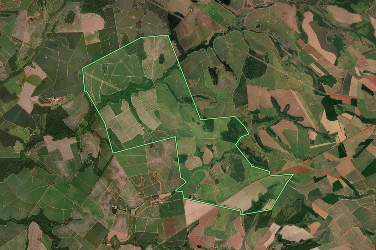 Imagem de satélite do imóvel rural em Colina (SP), com o contorno declarado no CAR desenhado por cima.