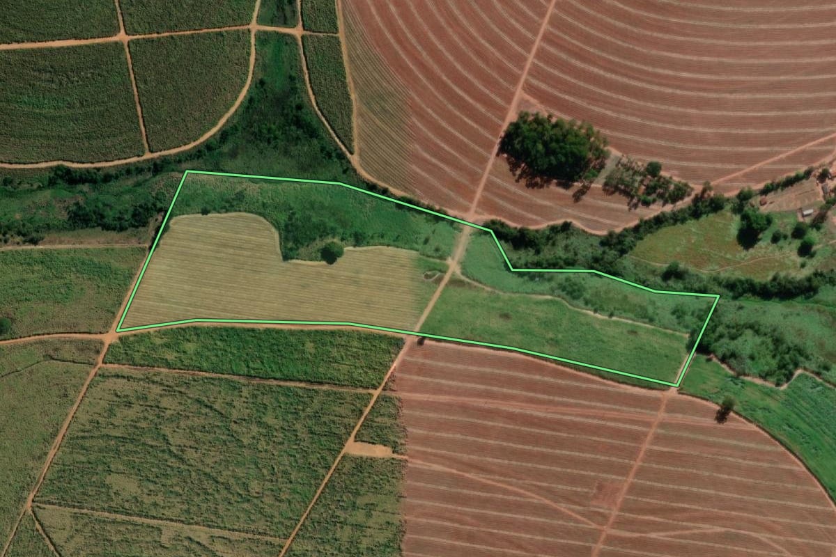 Imagem de satélite do imóvel rural em Colina (SP), com o contorno declarado no CAR desenhado por cima.