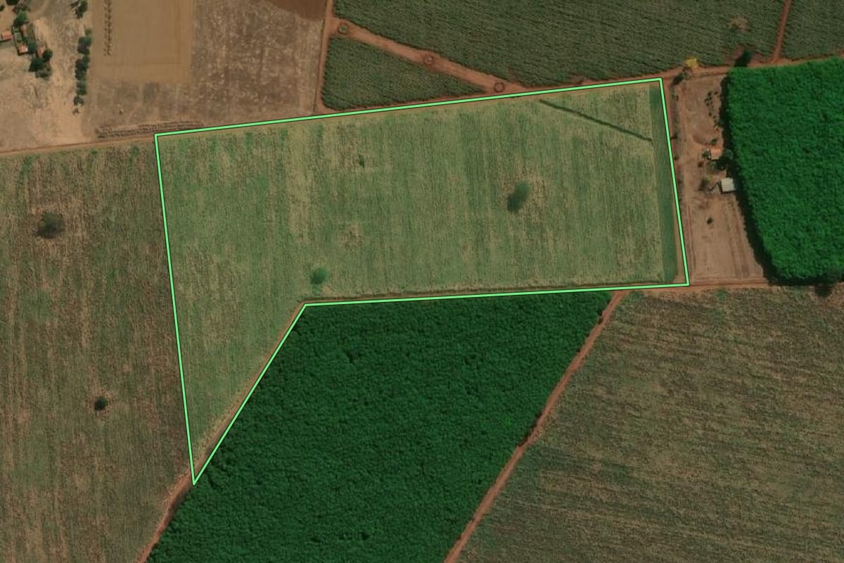 Imagem de satélite do imóvel rural em Colômbia (SP), com o contorno declarado no CAR desenhado por cima.