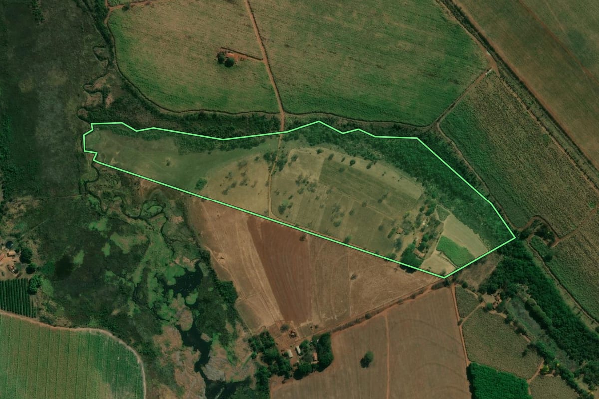 Imagem de satélite do imóvel rural em Colômbia (SP), com o contorno declarado no CAR desenhado por cima.
