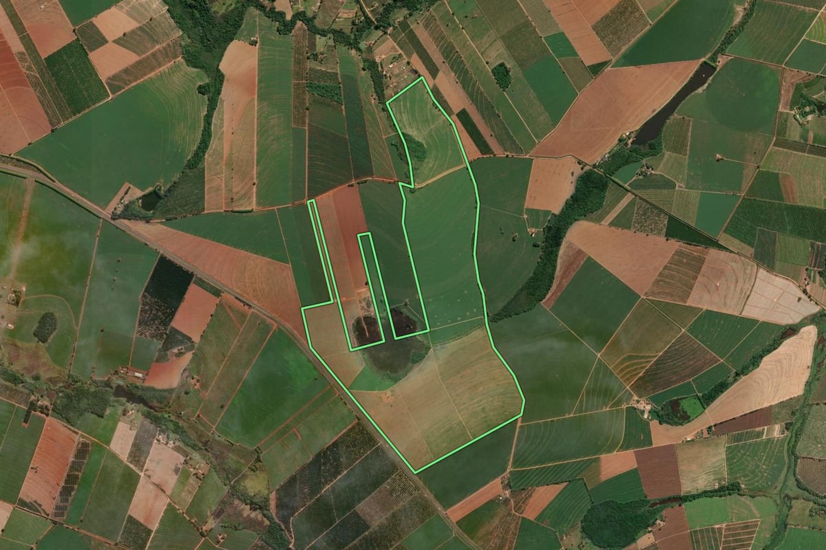 Imagem de satélite do imóvel rural em Conchal (SP), com o contorno declarado no CAR desenhado por cima.