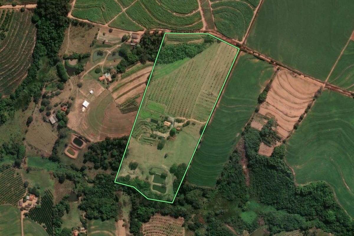 Imagem de satélite do imóvel rural em Conchal (SP), com o contorno declarado no CAR desenhado por cima.