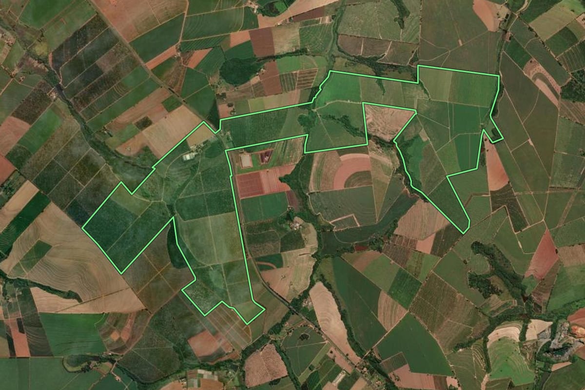 Imagem de satélite do imóvel rural em Conchal (SP), com o contorno declarado no CAR desenhado por cima.