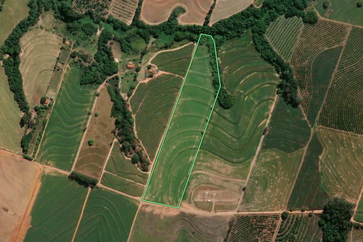 Imagem de satélite do imóvel rural em Conchal (SP), com o contorno declarado no CAR desenhado por cima.