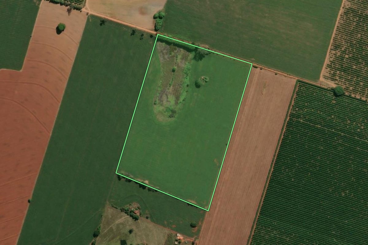 Imagem de satélite do imóvel rural em Conchal (SP), com o contorno declarado no CAR desenhado por cima.