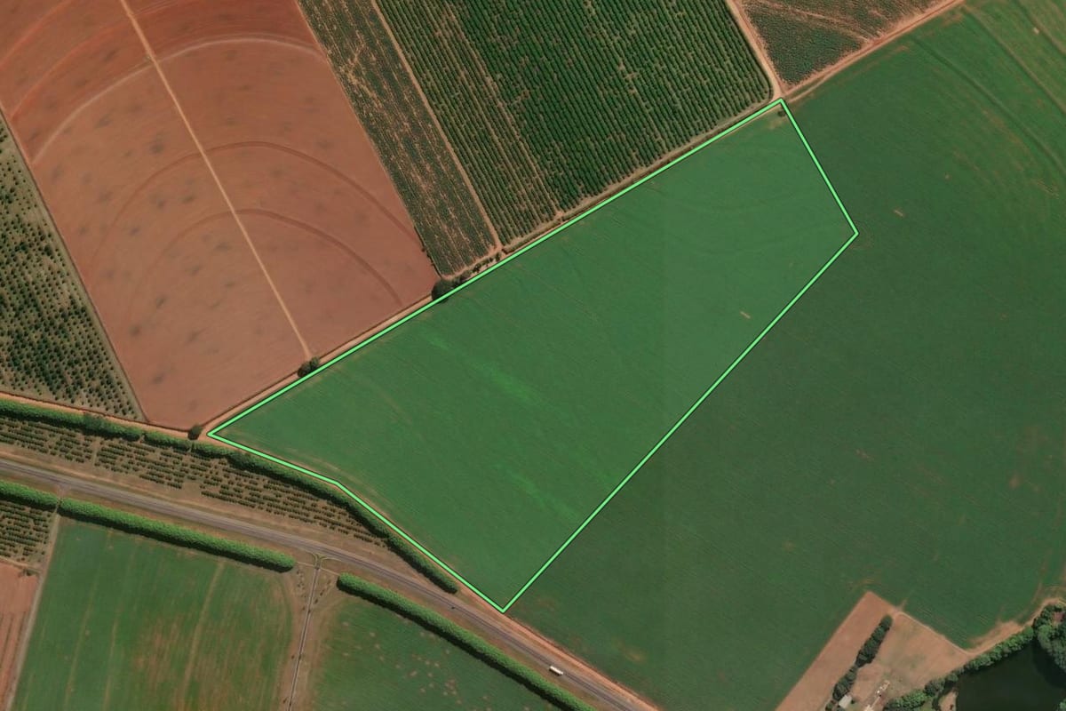 Imagem de satélite do imóvel rural em Conchal (SP), com o contorno declarado no CAR desenhado por cima.