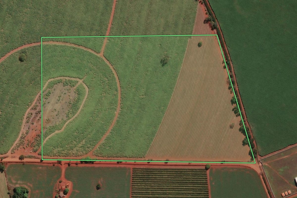 Imagem de satélite do imóvel rural em Conchal (SP), com o contorno declarado no CAR desenhado por cima.