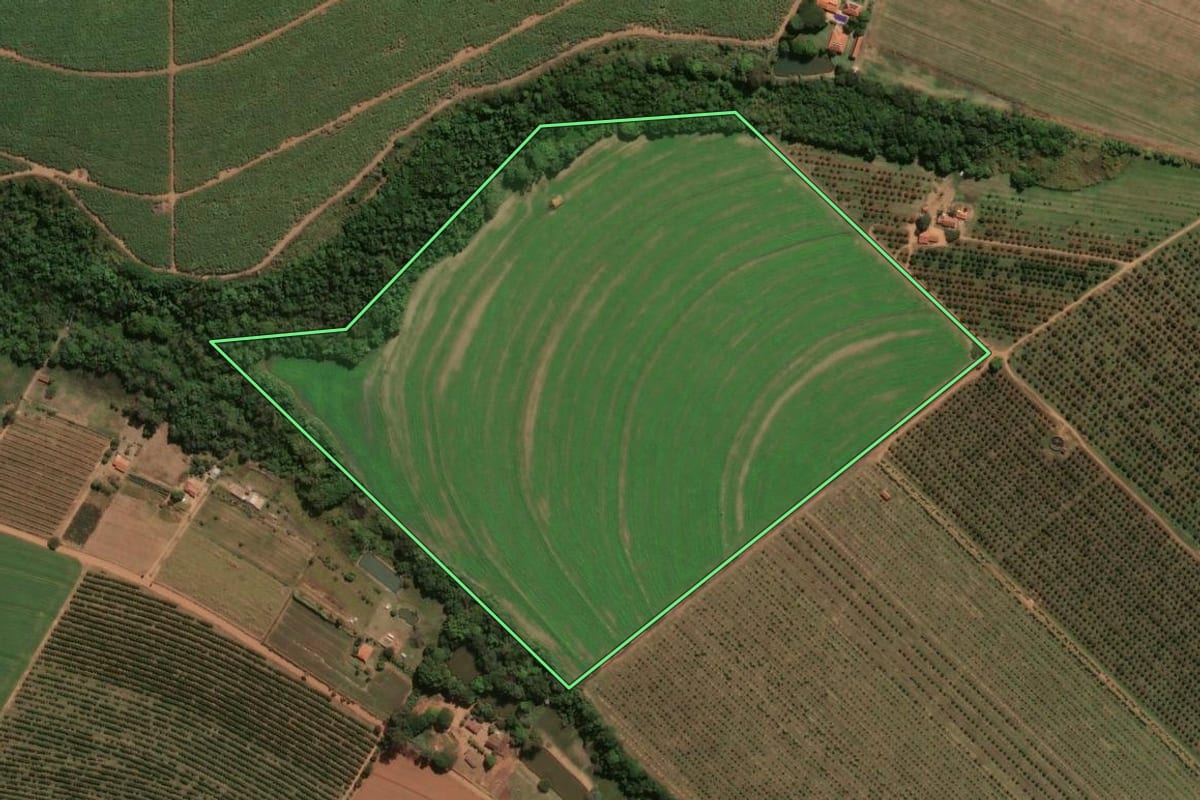 Imagem de satélite do imóvel rural em Conchal (SP), com o contorno declarado no CAR desenhado por cima.