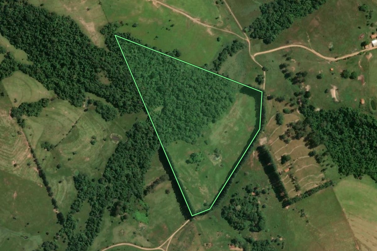 Imagem de satélite do imóvel rural em Conchas (SP), com o contorno declarado no CAR desenhado por cima.