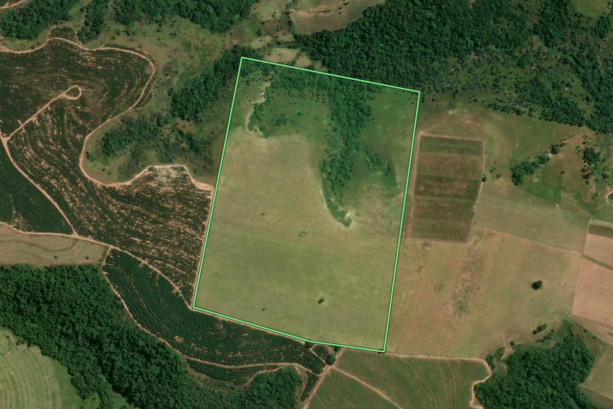 Imagem de satélite do imóvel rural em Conchas (SP), com o contorno declarado no CAR desenhado por cima.