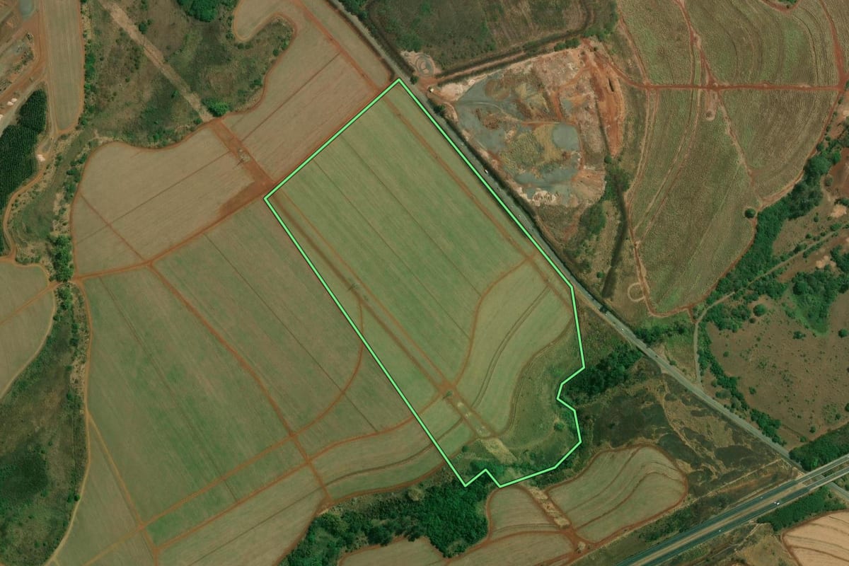 Imagem de satélite do imóvel rural em Cordeirópolis (SP), com o contorno declarado no CAR desenhado por cima.