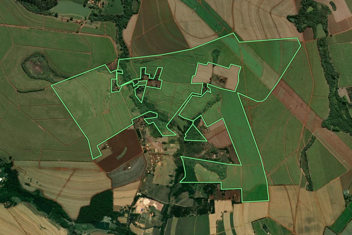 Imagem de satélite do imóvel rural em Cordeirópolis (SP), com o contorno declarado no CAR desenhado por cima.