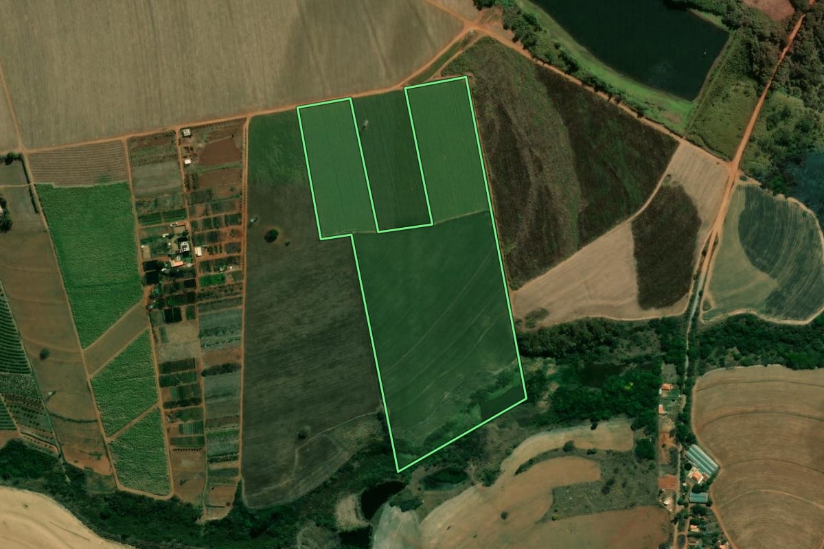 Imagem de satélite do imóvel rural em Cordeirópolis (SP), com o contorno declarado no CAR desenhado por cima.