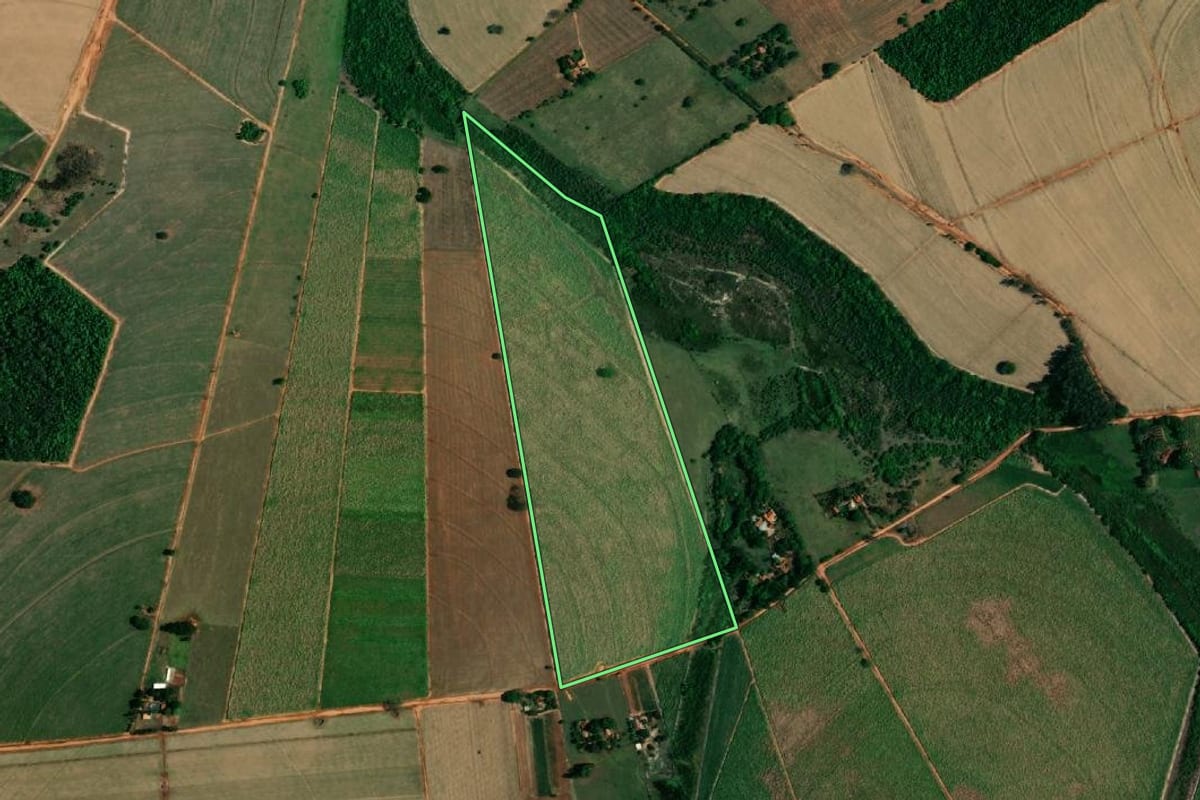 Imagem de satélite do imóvel rural em Coroados (SP), com o contorno declarado no CAR desenhado por cima.