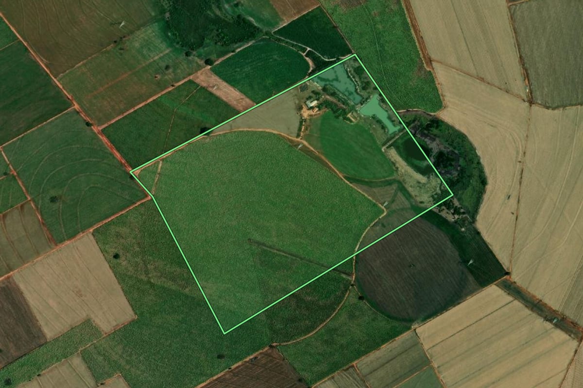 Imagem de satélite do imóvel rural em Coroados (SP), com o contorno declarado no CAR desenhado por cima.