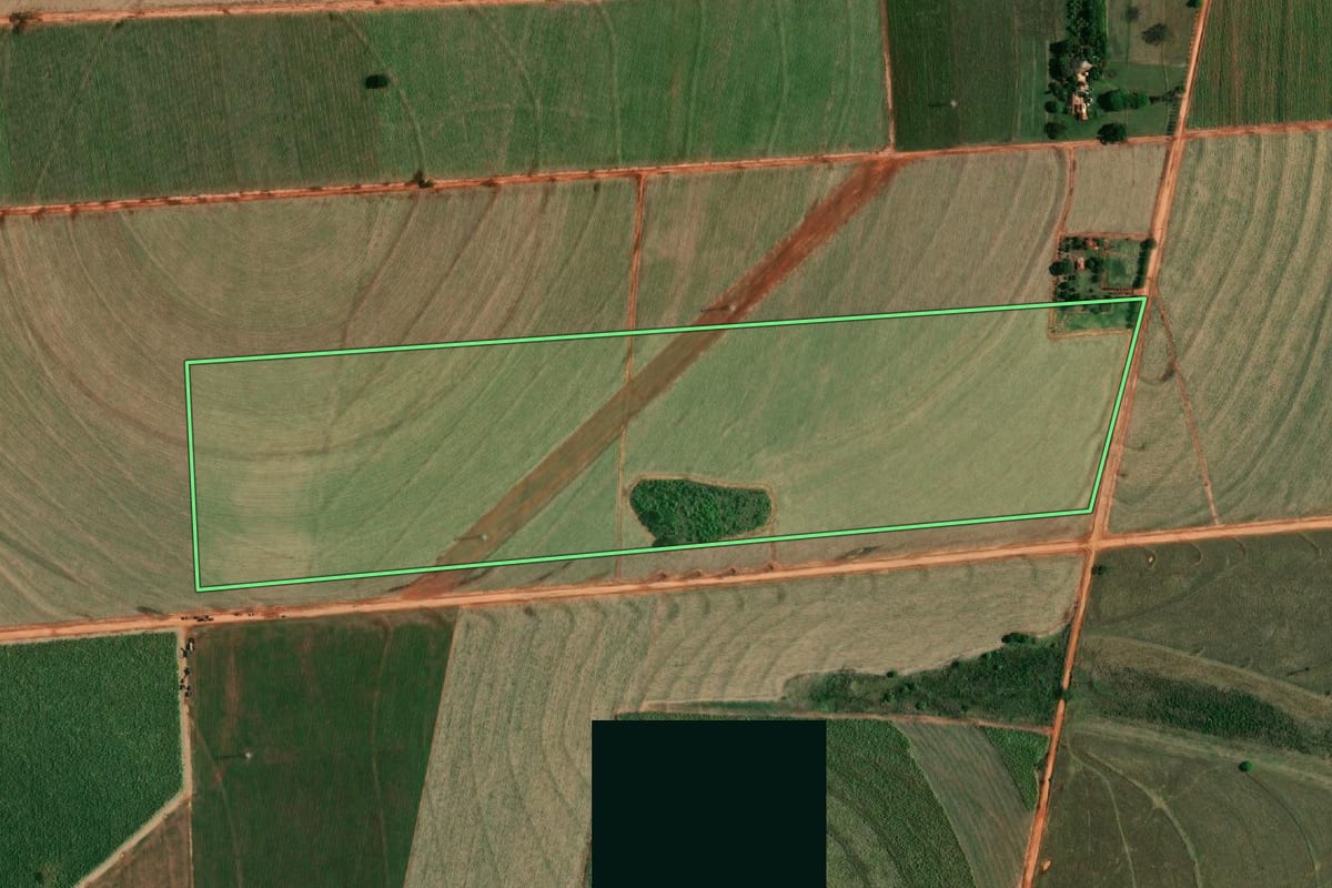 Imagem de satélite do imóvel rural em Coroados (SP), com o contorno declarado no CAR desenhado por cima.