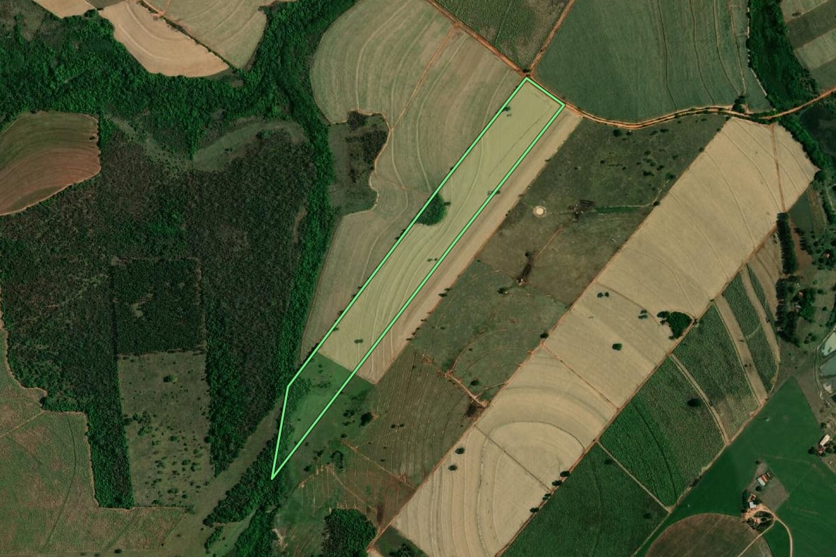 Imagem de satélite do imóvel rural em Coroados (SP), com o contorno declarado no CAR desenhado por cima.