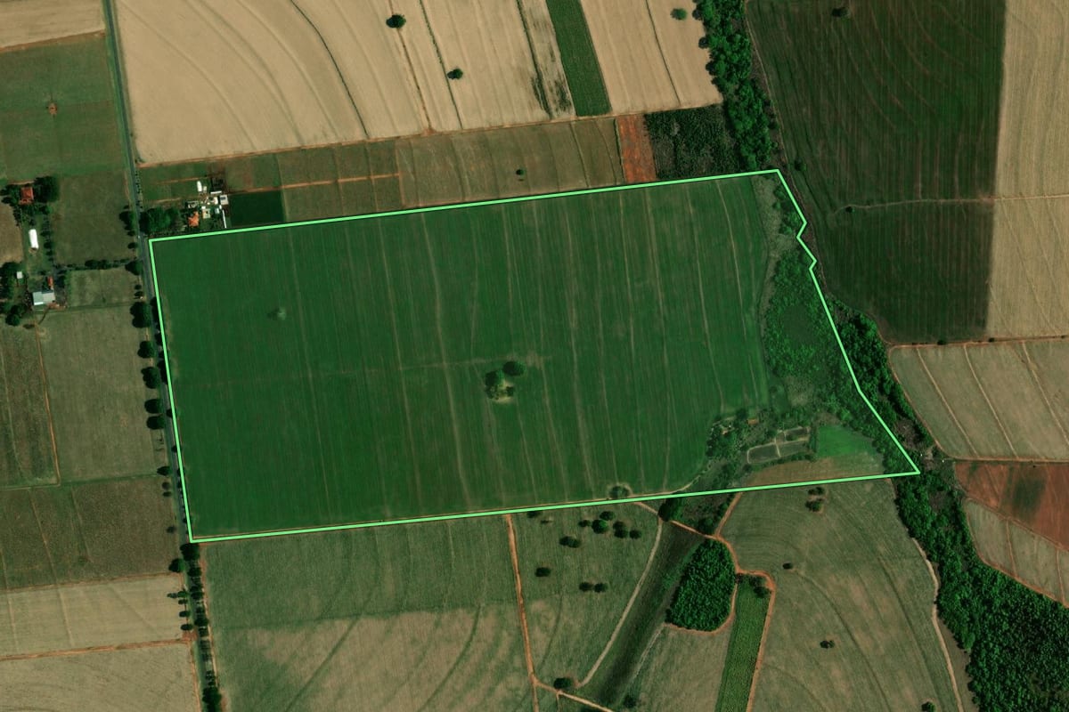 Imagem de satélite do imóvel rural em Coroados (SP), com o contorno declarado no CAR desenhado por cima.