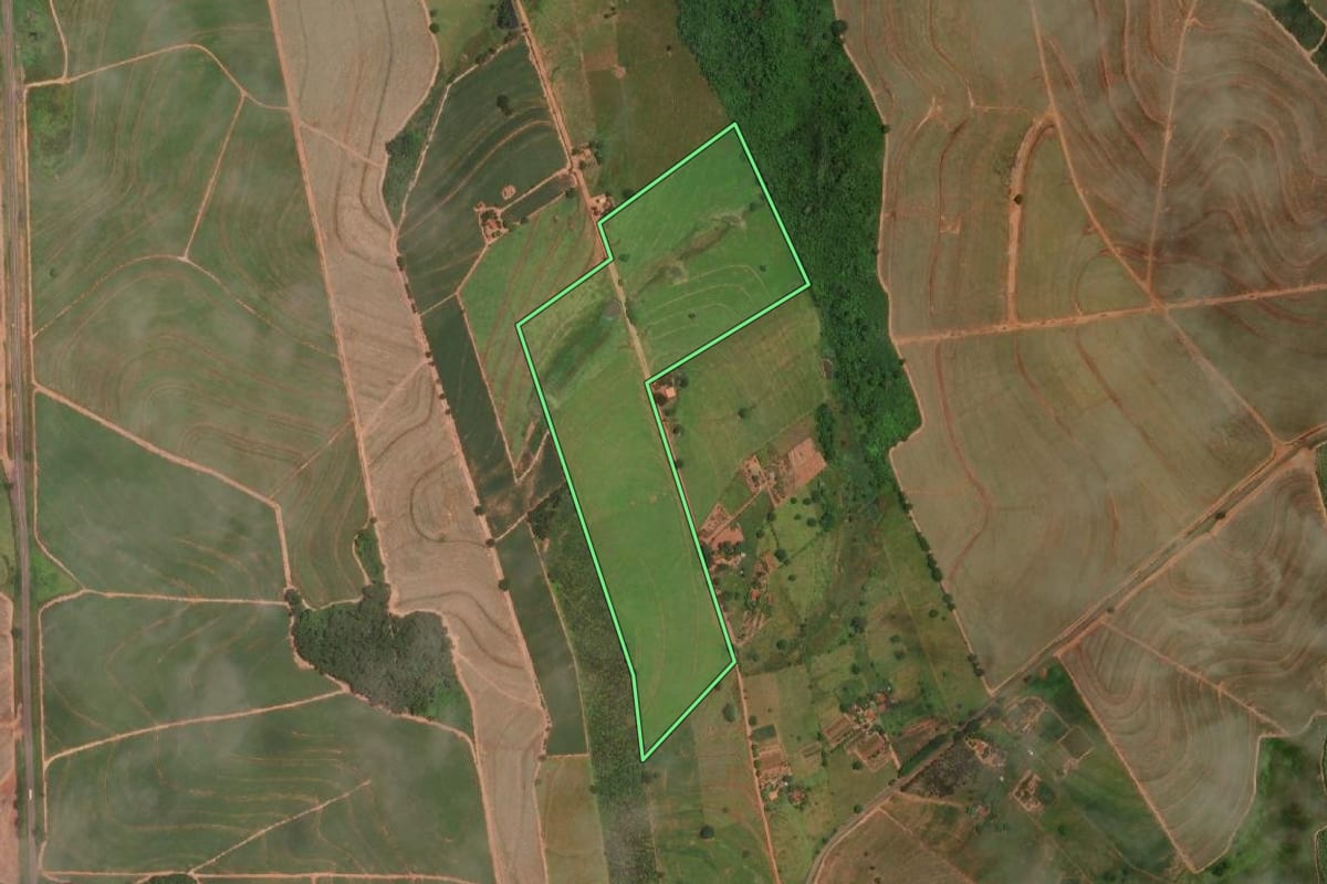 Imagem de satélite do imóvel rural em Coroados (SP), com o contorno declarado no CAR desenhado por cima.