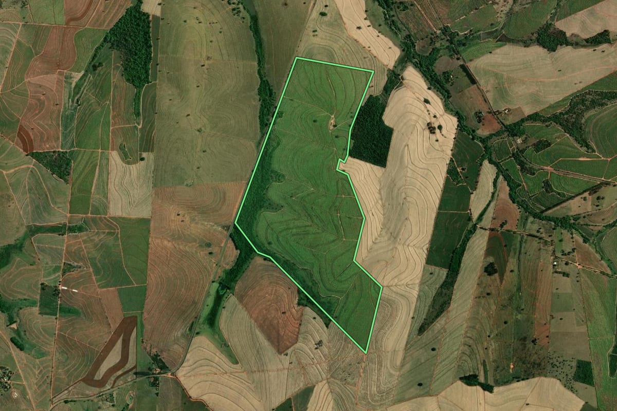 Imagem de satélite do imóvel rural em Coroados (SP), com o contorno declarado no CAR desenhado por cima.