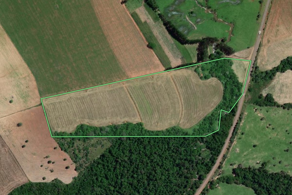 Imagem de satélite do imóvel rural em Coronel Macedo (SP), com o contorno declarado no CAR desenhado por cima.