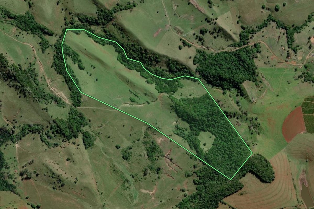 Imagem de satélite do imóvel rural em Coronel Macedo (SP), com o contorno declarado no CAR desenhado por cima.