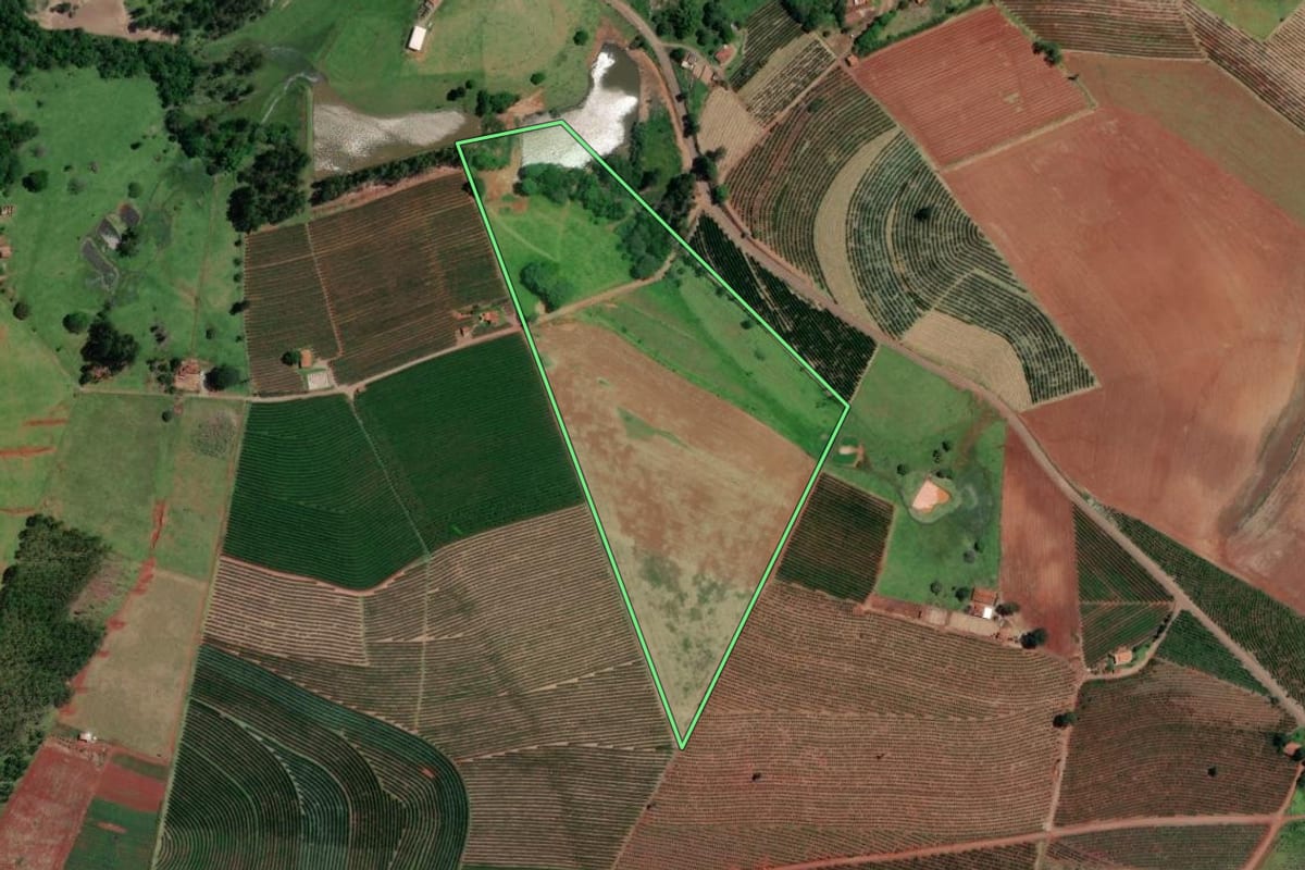 Imagem de satélite do imóvel rural em Coronel Macedo (SP), com o contorno declarado no CAR desenhado por cima.