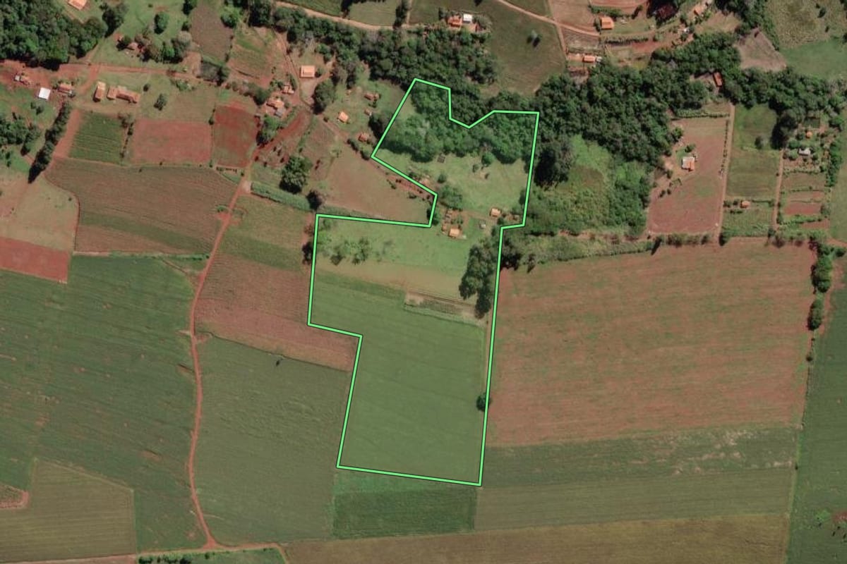 Imagem de satélite do imóvel rural em Coronel Macedo (SP), com o contorno declarado no CAR desenhado por cima.