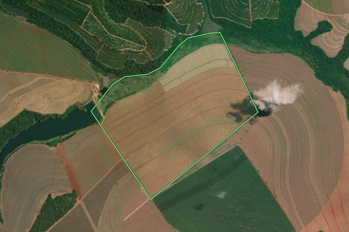Imagem de satélite do imóvel rural em Coronel Macedo (SP), com o contorno declarado no CAR desenhado por cima.