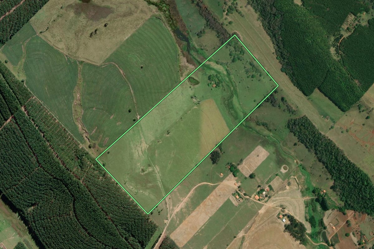 Imagem de satélite do imóvel rural em Coronel Macedo (SP), com o contorno declarado no CAR desenhado por cima.