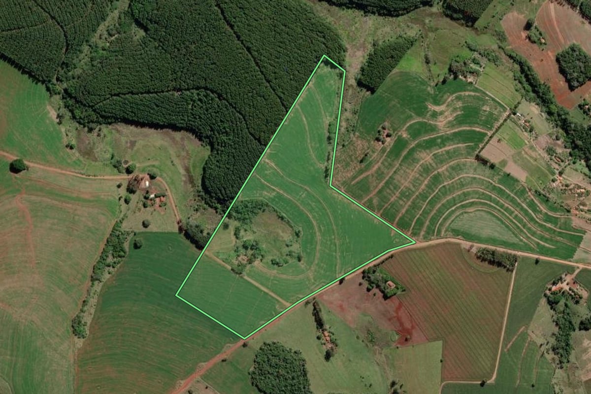 Imagem de satélite do imóvel rural em Coronel Macedo (SP), com o contorno declarado no CAR desenhado por cima.