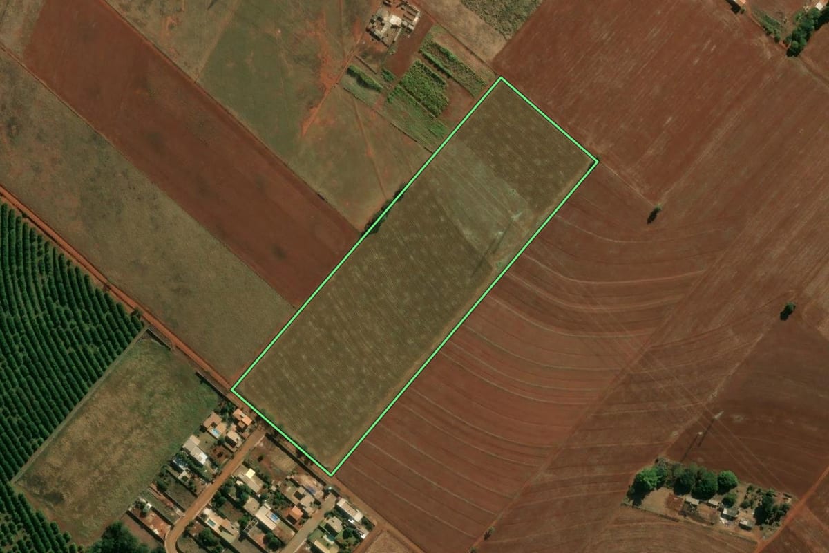 Imagem de satélite do imóvel rural em Cosmópolis (SP), com o contorno declarado no CAR desenhado por cima.