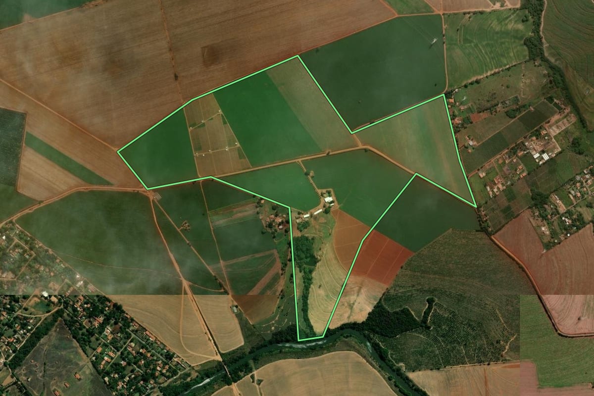 Imagem de satélite do imóvel rural em Cosmópolis (SP), com o contorno declarado no CAR desenhado por cima.