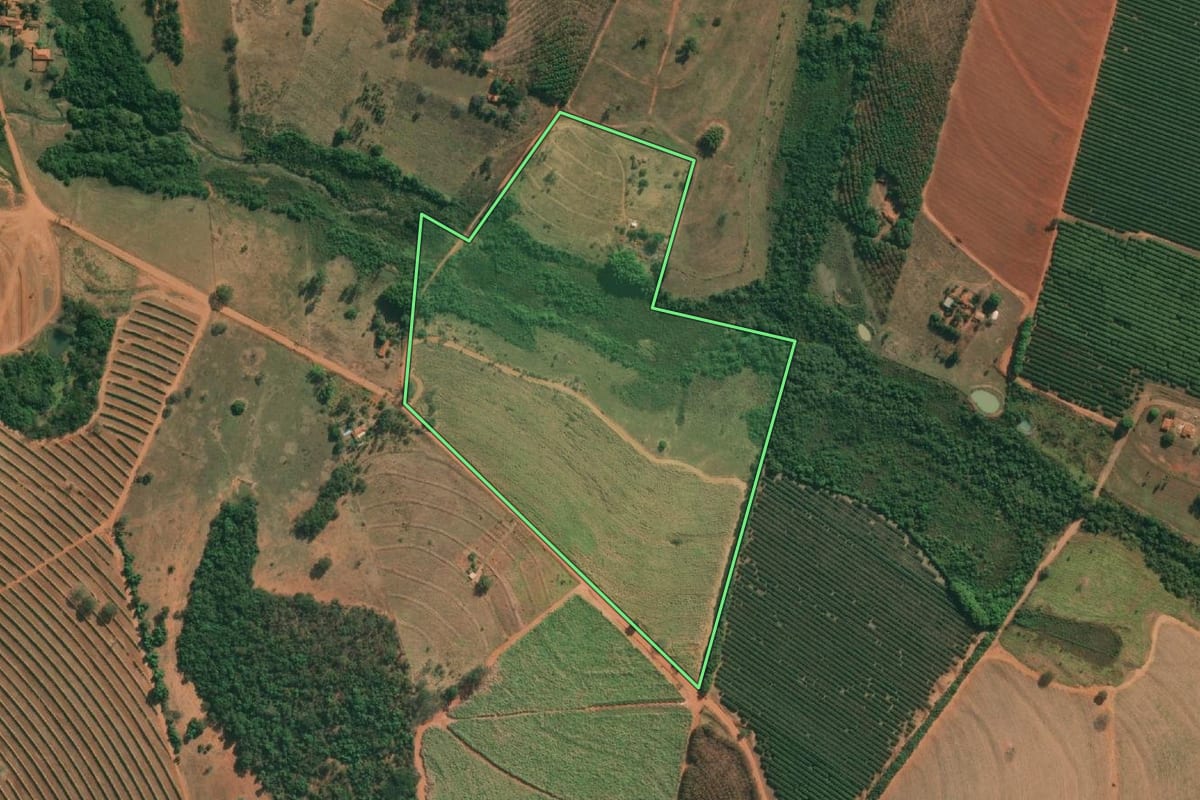 Imagem de satélite do imóvel rural em Cosmorama (SP), com o contorno declarado no CAR desenhado por cima.