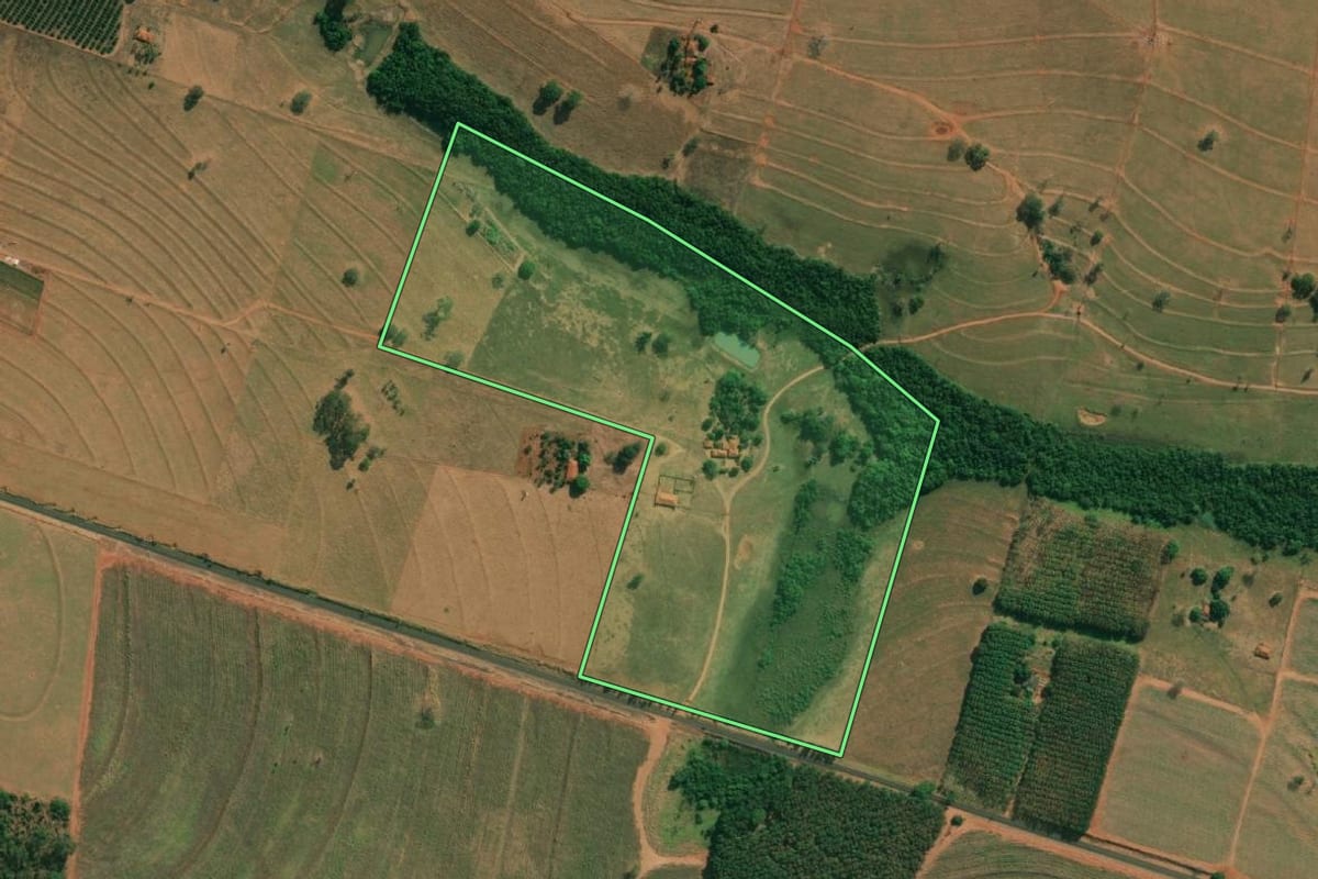 Imagem de satélite do imóvel rural em Cosmorama (SP), com o contorno declarado no CAR desenhado por cima.